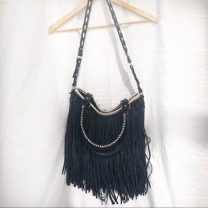 Steve Madden Black Leather Fringe Tote